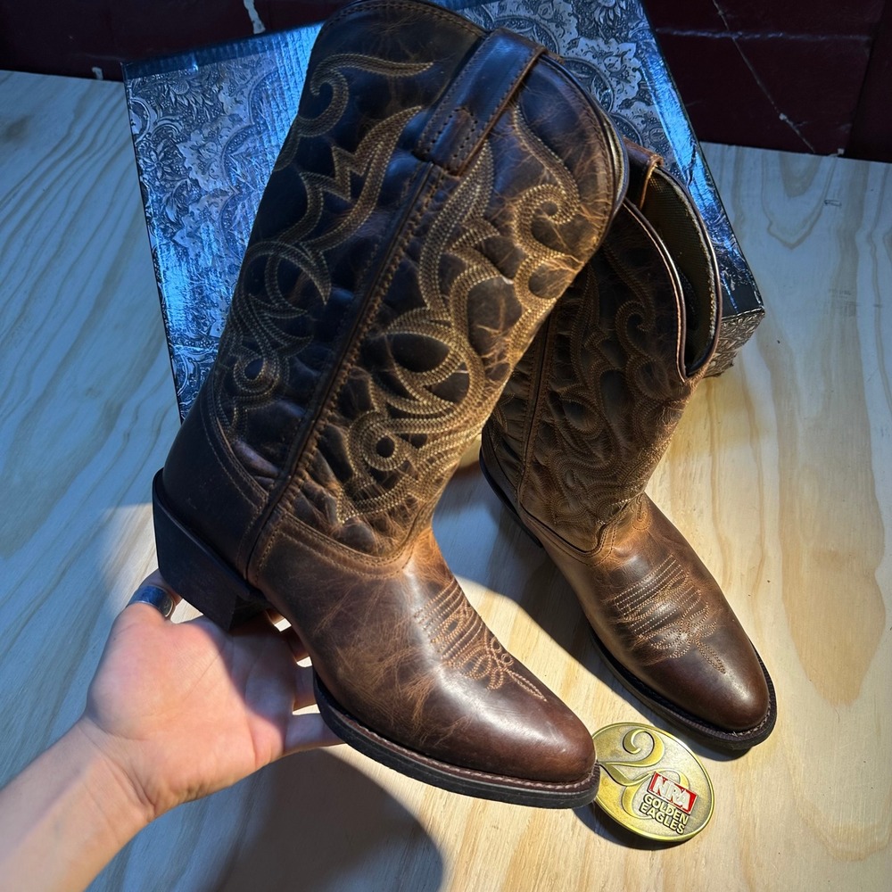 Laredo Women's 11 Tan Distressed R Toe Leather Western Cowboy Boots